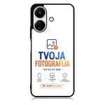 White smartphone case with TVOJA FOTOGRAFIJA branding in blue and orange, plus service icons and the 'USTVARI SVOJ UNIKAT' button.