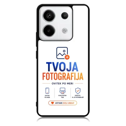 Phone case displaying the TVOJA FOTOGRAFIJA logo in blue and orange with the slogan OVITEK PO MERI and a bottom button reading USTVARI SVOJ UNIKAT in orange, on a white background.