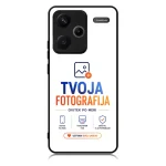Phone case featuring TVOJA FOTOGRAFIJA branding in blue and orange text, with camera cutout visible and small icons beneath; includes the slogan 'USTVARI SVOJ UNIKAT'.