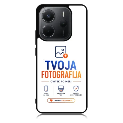 Phone case featuring TVOJA FOTOGRAFIJA branding with blue and orange text and the slogan OVITEK PO MERI, plus service icons at the bottom.