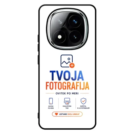 Phone screen displaying branding for 'Tvoja Fotografija' with logo, slogan 'Ovitek po meri', and help icons; marketing image for custom phone cases.