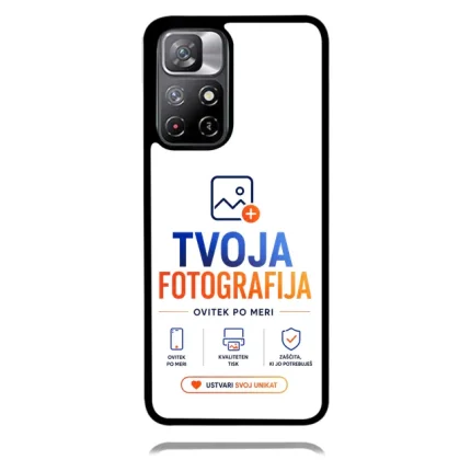 Phone case mockup featuring the TVOJA FOTOGRAFIJA logo in blue and orange with small icons and a 'Create your unique' button at the bottom.
