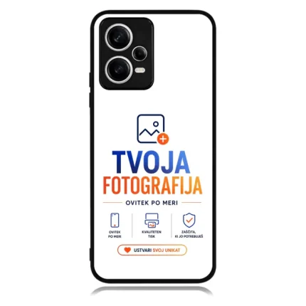 Phone case mockup featuring Tvoja Fotografija branding, logo, slogan 'Ovitek po meri', and three service icons.