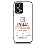 Phone case with TVOJA FOTOGRAFIJA branding on white background, featuring the logo and three service icons with an orange rounded button below.