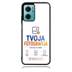Smartphone with turquoise camera module showing a white screen that displays the TVOJA FOTOGRAFIJA logo and icons as a mockup.