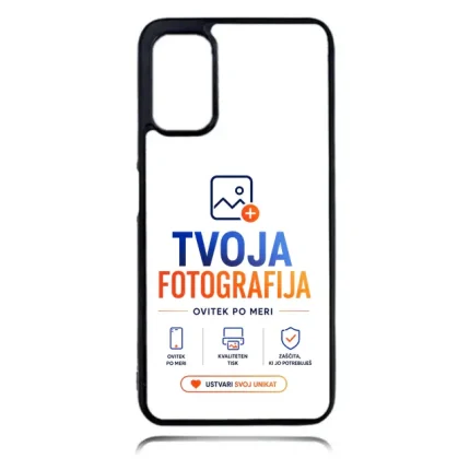 Phone case featuring TVOJA FOTOGRAFIJA branding in blue and orange with a small logo and a call-to-action button at the bottom area on white background.