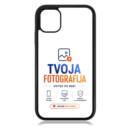 Phone case displaying branding for TVOJA FOTOGRAFIJA with logo and blue/orange text elements plus a call-to-action button.