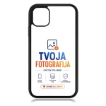 Phone case mockup with branding 'TVOJA FOTOGRAFIJA' and slogan, plus service icons and an orange 'USTVARI SVOJ UNIKAT' button as a call to action.