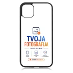 Phone case featuring a branding design: 'TVOJA FOTOGRAFIJA' with subtitle and small icons below the logo, centered on white background.