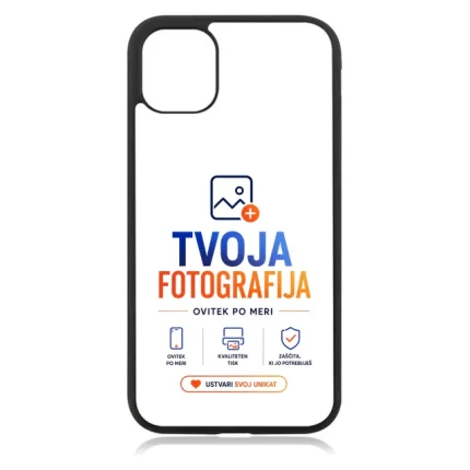Phone case featuring a branding design: 'TVOJA FOTOGRAFIJA' with subtitle and small icons below the logo, centered on white background.