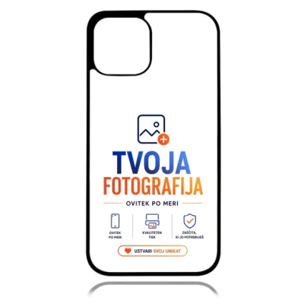 Branding mockup on a phone case: TVOJA FOTOGRAFIJA logo with blue/orange text and feature icons, plus a heart button at the bottom.