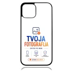 Phone case with a logo reading 'TVOJA FOTOGRAFIJA' and icons beneath (brand on white background). Informs about photography service branding.
