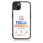 Phone case with TVOJA FOTOGRAFIJA branding in blue and orange text, small logo, and an orange 'USTVARI SVOJ UNIKAT' button.