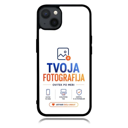 Phone case with TVOJA FOTOGRAFIJA branding in blue and orange text, small logo, and an orange 'USTVARI SVOJ UNIKAT' button.