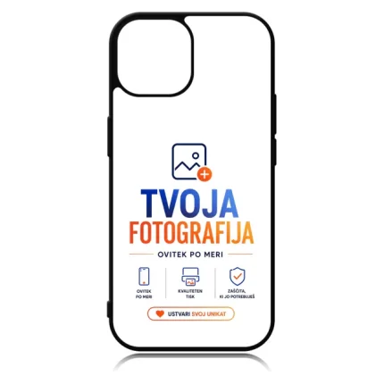 Phone case displaying TVOJA FOTOGRAFIJA branding with logo, slogan, three feature icons, and the CTA ‘USTVARI SVOJ UNIKAT’.
