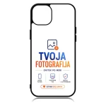 Phone case showing the TVOJA FOTOGRAFIJA logo in blue and orange with icons and slogan