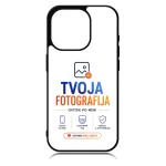 Phone case featuring a TVOJA FOTOGRAFIJA brand design with blue and orange text and small service icons beneath the slogan 'Ustvari svoj unikát'.