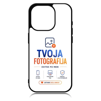 Phone case featuring a TVOJA FOTOGRAFIJA brand design with blue and orange text and small service icons beneath the slogan 'Ustvari svoj unikát'.