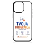 Phone case displaying TVOJA FOTOGRAFIJA branding in blue and orange text with a small icon above the slogan