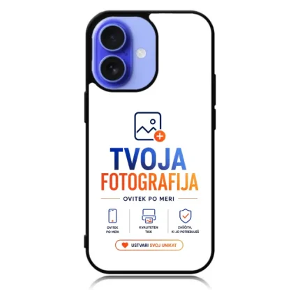 Phone case showing a logo for 'TVOJA FOTOGRAFIJA' with feature icons and a 'Create your unique' button below.