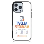 Phone case with a white back and black edges displaying the logo 'TVOJA FOTOGRAFIJA' in blue and orange, plus small icons and slogan text at the bottom.
