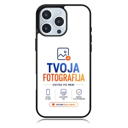 Phone case featuring TVOJA FOTOGRAFIJA branding with blue 'TVOJA' and orange 'FOTOGRAFIJA' text on white background.