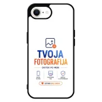Phone case displaying the logo 'TVOJA FOTOGRAFIJA' with icons and tag line, indicating a photography service brand on a white background.