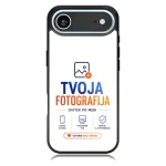 Phone case showing the app logo 'TVOJA FOTOGRAFIJA' with blue and orange text and a call-to-action button reading 'USTVARI SVOJ UNIKAT'.