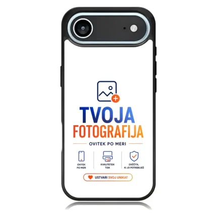 Phone case showing the app logo 'TVOJA FOTOGRAFIJA' with blue and orange text and a call-to-action button reading 'USTVARI SVOJ UNIKAT'.