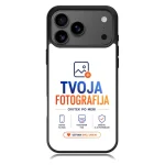 Phone case with a promotional ad for TVOJA FOTOGRAFIJA, featuring a logo, icons, and a call-to-action button on a white screen.