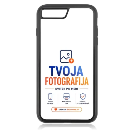 Smartphone displaying a TVOJA FOTOGRAFIJA logo in blue and orange with icons for features and a rounded orange call-to-action button labeled 'USTVARI SVOJ UNIKAT'