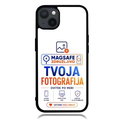 Phone case mockup featuring branding 'TVOJA FOTOGRAFIJA' with blue and orange text and small icons (MagSafe-friendly).