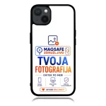 Phone case with a photography advertisement: bold blue 'TVOJA FOTOGRAFIJA' with orange accents and 'MAGSAFE' branding on white background.