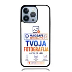 Phone case mockup featuring MagSafe branding and bold text 'TVOJA FOTOGRAFIJA' with 'OVITEK PO MERI' and a 'USTVORI SVOJ UNIKAT' CTA.