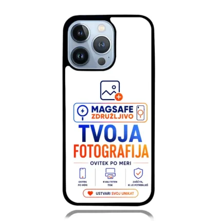 Phone case mockup featuring MagSafe branding and the slogan 'Tvoja Fotografija' for a customizable photo service