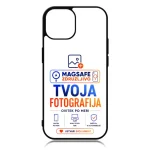 Phone case featuring an ad for MagSafe-compatible custom photo cases with the text 'Tvoja Fotografija' and 'Ustvari svoj unikát'.