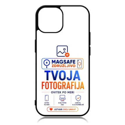 Phone case featuring an ad for MagSafe-compatible custom photo cases with the text 'Tvoja Fotografija' and 'Ustvari svoj unikát'.