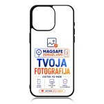 Phone case displaying an advertisement: 'MAGSAFE ZDRUŽLJIVO' and 'TVOJA FOTOGRAFIJA' with icons and 'USTVARI SVOJ UNIKAT'.