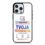 iPhone case displaying a MagSafe-themed graphic that says 'TVOJA FOTOGRAFIJA' with a call to action to create a unique design.