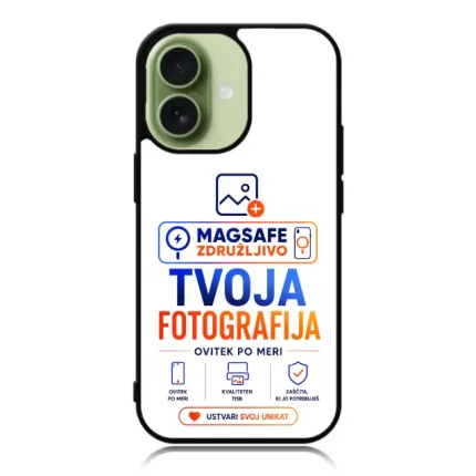 Phone case displaying a MagSafe-friendly promotional graphic in Slovenian: 'Tvoja fotografija' with 'Ustvari svoj unikát'