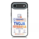 Phone case with screen showing MagSafe ad in Slovenian: 'TVOJA FOTOGRAFIJA' and icons.