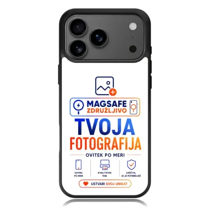 Smartphone screen displaying an ad for customized photography cases, noting MagSafe compatibility and 'TVOJA FOTOGRAFIJA' text.