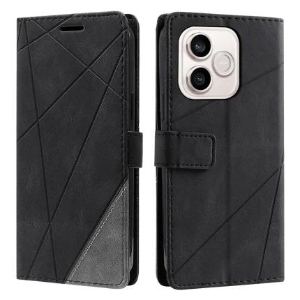 Black leather-style wallet phone case with diagonal geometric stitching and a magnetic strap, shown from front and back.