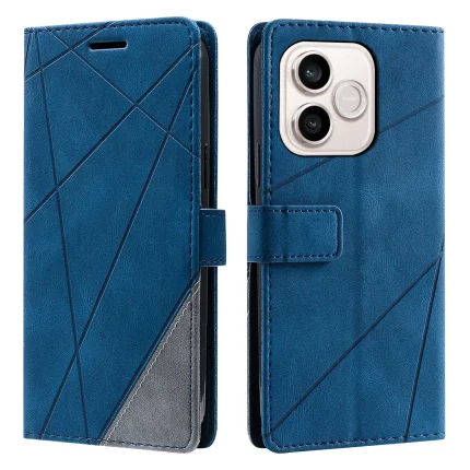 Blue geometric-textured wallet-style phone case with fold-over strap, shown from front and back view.