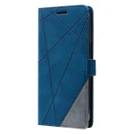 Blue geometric-textured phone case with diagonal stitching and a side strap for secure closure