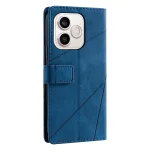 Blue leather wallet-style phone case with magnetic strap, back view showing camera module, closed around phone