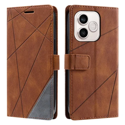Brown leather folio phone case with geometric diagonal stitching, shown from front and back.
