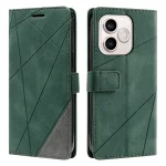 Green folio-style phone case with geometric stitched pattern and magnetic strap, shown from front and back.