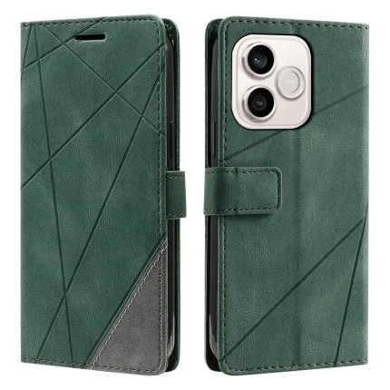 Green folio-style phone case with geometric stitched pattern and magnetic strap, shown from front and back.