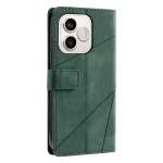 Green leather wallet-style phone case shown from the back with a camera cutout and magnetic strap detail